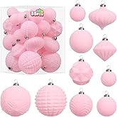 Super Holiday Velvet Christmas Ornaments Set, 35PCS Flocked Shatterproof Assorted Hanging Xmas Tree Ball Decorations, for Home Party Holiday Decor, Pink