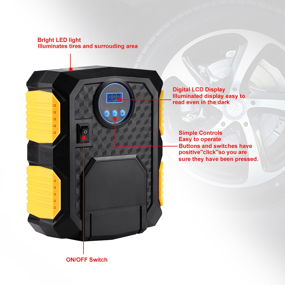 Mbuynow Compresseur d\'air Portable Gonfleur de Pneu 12V Digital avec Lampe LED Compresseur à air Pour Voiture/Moto/Camion/Vélo etc
