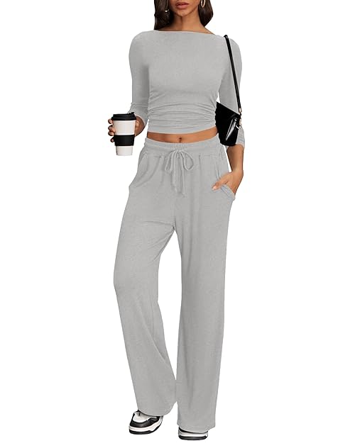 Cozy 2 Piece Lounge Sets for Women, Side Ruched Long Sleeve Top & Wide Leg Pants Casual Matching Tracksuit for Home & Travel (Gray, M)
