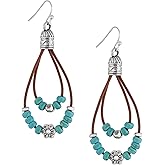 MINACHI Statement Boho Drop Earrings with Silver Floral Charm and Colorful Beads, Handmade Leather Loop Earrings for Women
