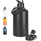 Fijinhom Gallon Water Bottle with 2 Lids (Straw & Spout), 304 Stainless Steel Water Jug with Handle and Wide Mouth, 1 Gallon Vacuum Double Walled Jug for Sports, Outdoors, Leak-Proof, Black 128 oz
