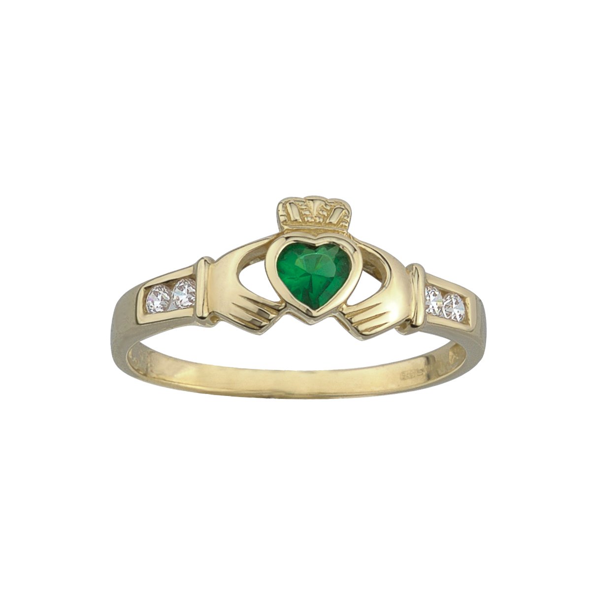 9 Carat Gold Claddagh Ring with Emerald Cubic Zirconia Stone