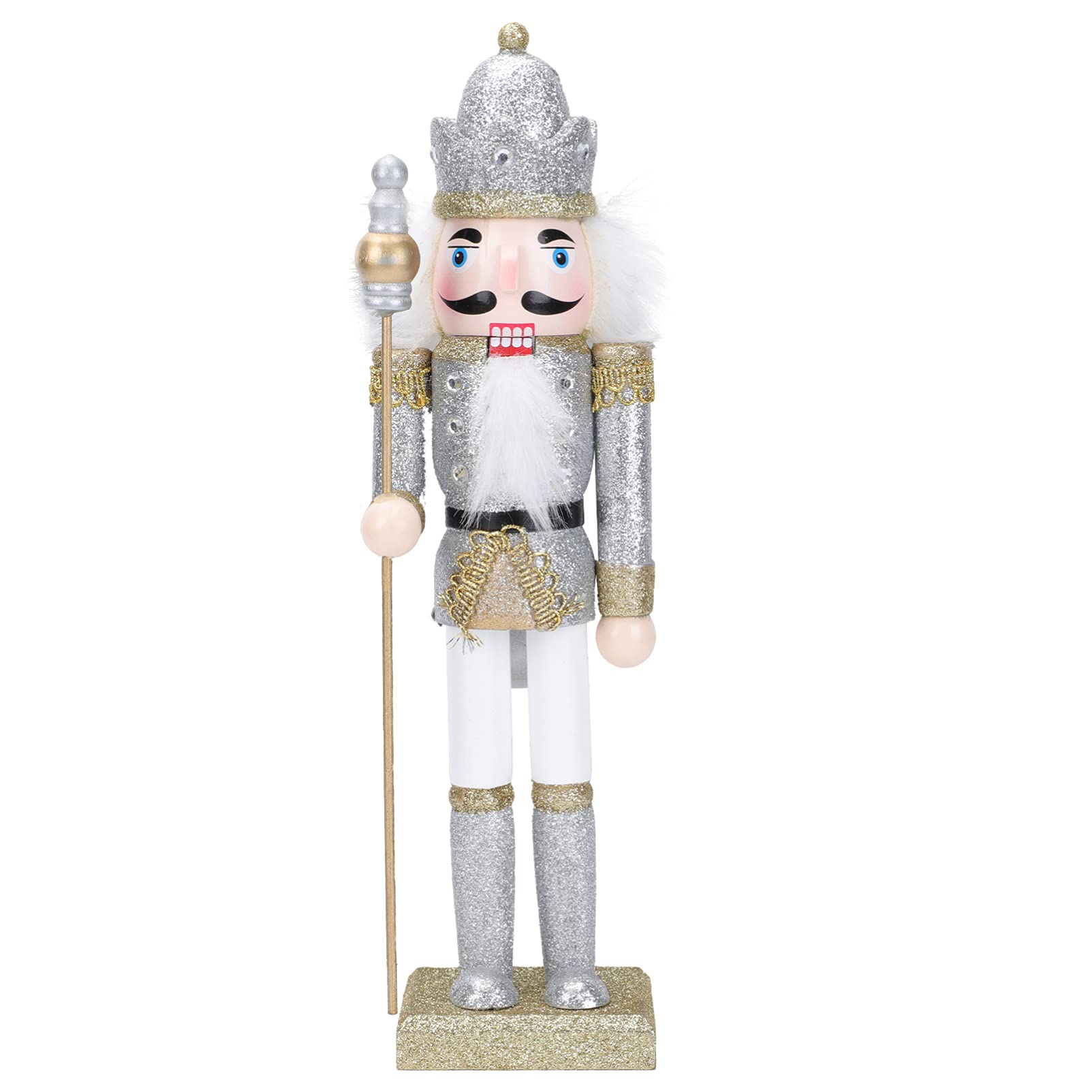 Amosfun Christmas Wood Soldier Nutcracker Ornament Glitter Collectible Nutcracker Figures Toy Traditional Royal Jacket Crown Xmas Table Puppet Doll for Holiday Home Decor Silver