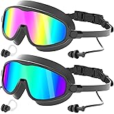 COOLOO Swim Goggles 2 Pack, Wide View No Leaking Swimming Goggles, Anti-fog & Anti-UV Adult Swim Goggles for Men Women Youth