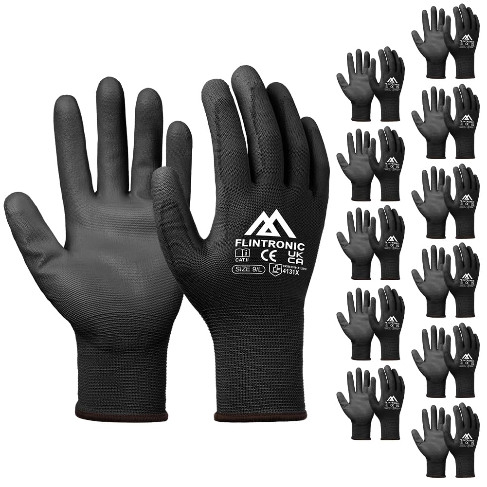 Flintronic 12-Pair Non-Slip PU-Coated Work Gloves, Scratchproof Protective Grip for General Duty and Gardening (L-Size 9, Black)