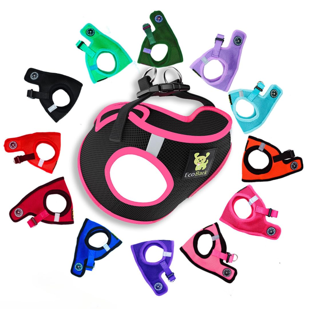Photo 1 of EcoBark Teacup Dog Harness - Luxury Step in Dog Harness in Black & Pink - Soft & Secure Body Halter Vest - Reflective Halter Vest
