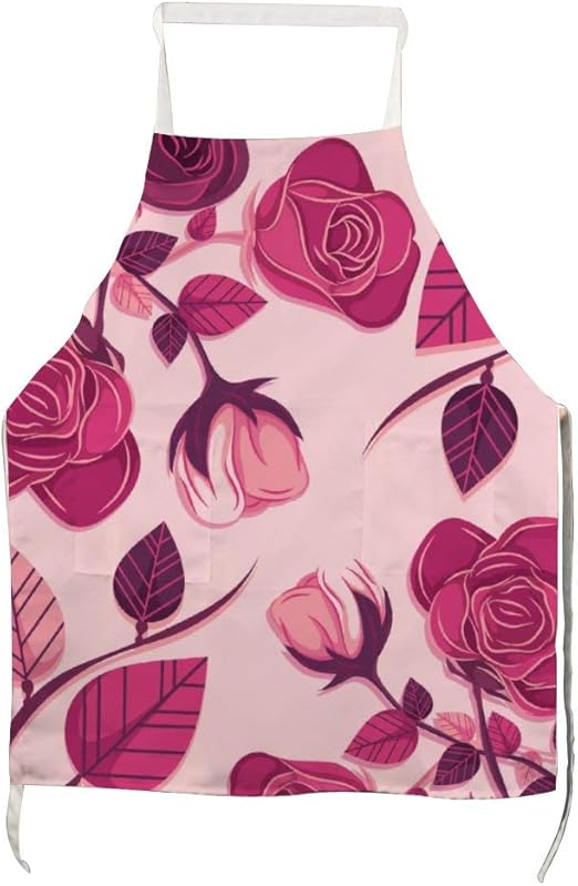 Professional Apron With 2 Pockets for Adults, Dark Pink Rose Flower