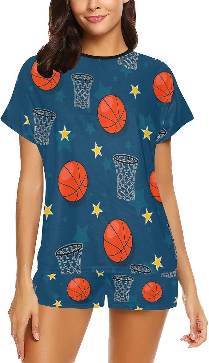 Women's Casual Pajamas Set, On Basketball Theme Short Sleeve Pajamas