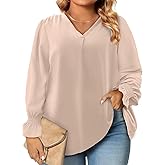 Eytino Plus Size Tops for Women Sexy V Neck Smocked Long Sleeve Blouse Loose Casual Work Shirts(1X-5X)