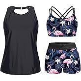 Tempt Me 3 Piece Swimsuit for Women Tankini Bathing Suit Modest High Neck Tank Tops Swimwear with Shorts