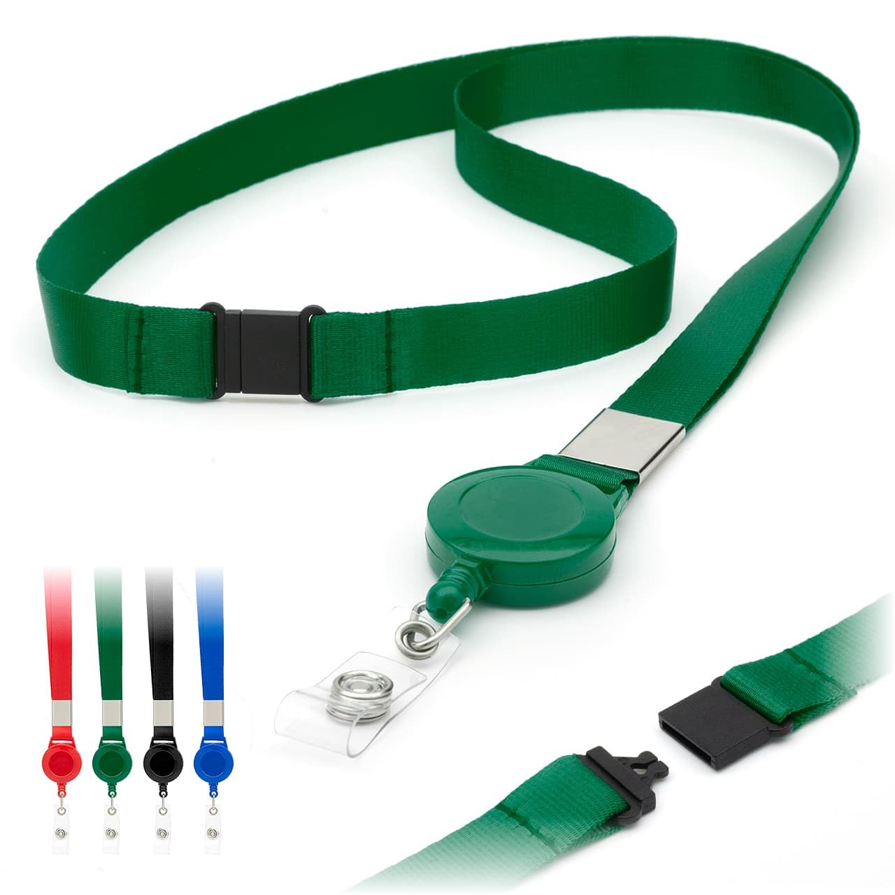 Green Retractable Lanyards Badge Holder by LanyardsTomorrow 15mm Flat Plain Neck Straps with Safety Breakaway Pull, ID Badge Holders Extendable Reel Clip Pack of 10