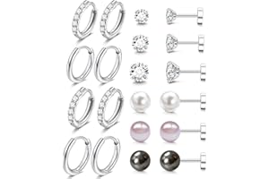 AMASIS Surgical Steel Earrings Sets for Sensitive Ears Lightweight Small Huggie Hoop Earrings Hypoallergenic 20G Stainless Steel Opal Ball Pearl CZ Flat Back Earrings for Women Men Trendy Cartilage Earrings Hoop Stud