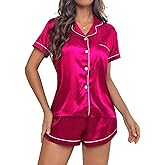 SISKIN Silk Pajamas for Women - Short Sleeve Sleepwear Soft Satin Button Down Loungewear 2 Piece Pjs Shorts Set S-XXL