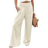 Vansha Women Summer High Waisted Cotton Linen Palazzo Pants Wide Leg Long Lounge Pant Trousers with Pocket