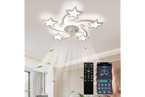 JAYMP 27.6 Inch Modern Stars Ceiling Light with Fan, 6 Speeds with 5 Blades, Remote Control Ceiling Fan White Dimmable LED Lighting Fixture for Dining Room Bedroom Small Living Room