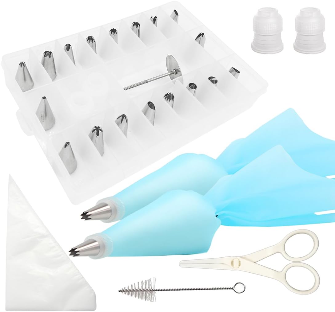 30PCS Cake Icing Piping Nozzles Tips Decorating Baking Tools, Tenine DIY Pastry Decoration Kits Include Reusable/Disposable Piping Bags, Couplers, Cake Flower Lifter/Nozzle Brush, Flower Nail (30 PCS)