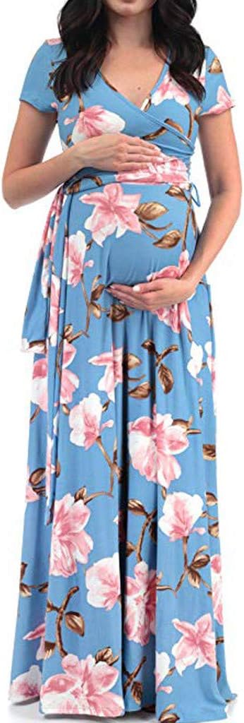 Women's Pregnant Maxi Breastfeeding Nursing Floral Short Sleeve Waist Tied Loose Dresses