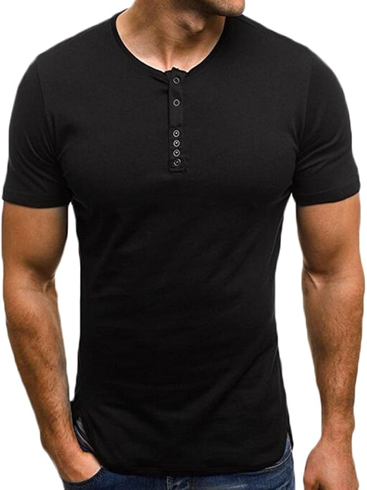 Amazon.com: lisenrain hombre Henley camisetas manga corta algodón playera Casual Slim Fit botón Plain cuello redondo Tops, M, Negro: Clothing