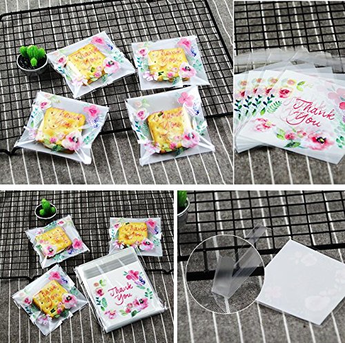 YunKo 300pcs Thank You Pink Flower Self Adhesive Cookie Bakery Candy Biscuit Roasting Treat Gift DIY Plastic Bag For Mother's Day - Thumbnail 2