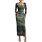 GORGLITTER Women's Tie Dye Mesh Bodycon Maxi Dress Long Sleeve Square Neck Sheer Party Fall Trendy Long Dresses 2025