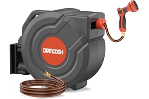DRINCOSH Retractable Garden Hose Reel 100 FT x 1/2" Any Length Lock 9 Pattern Nozzle 180° Swivel Wall Mounted Self Winding UV Resistant Heavy Duty Garden Outside Watering