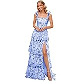 VDUSTVROSEY Tiered Chiffon Bridesmaid Dress FloralSpaghetti Strap A-Line Tiered Hight Waist Prom Dress with Slit