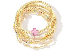 SHINUS BOHO 14K Gold Pearl Beaded Cross Bracelets Stack Set for Women,Stretch Boho Colorful Christian Beads Ball Jewelry Trendy Gift