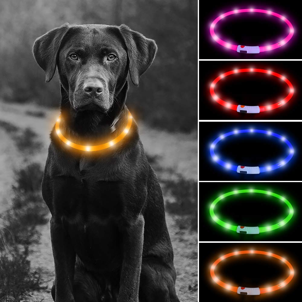 HigoLED Dog Collar, Rechargeable Light Up Dog Collars, Lightweight Silicone Pet Safety Collar Lights for Night Walking (Orange-Silicone)