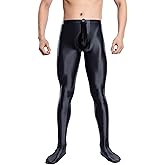 FEOYA Mens Sexy Shiny Oil Glossy Pantyhose Footed Leggings Sissy Underwear Smooth Bulge Pouch Pants See Through Tights