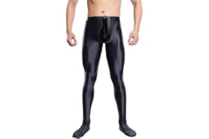 FEOYA Mens Sexy Shiny Oil Glossy Pantyhose Footed Leggings Sissy Underwear Smooth Bulge Pouch Pants See Through Tights