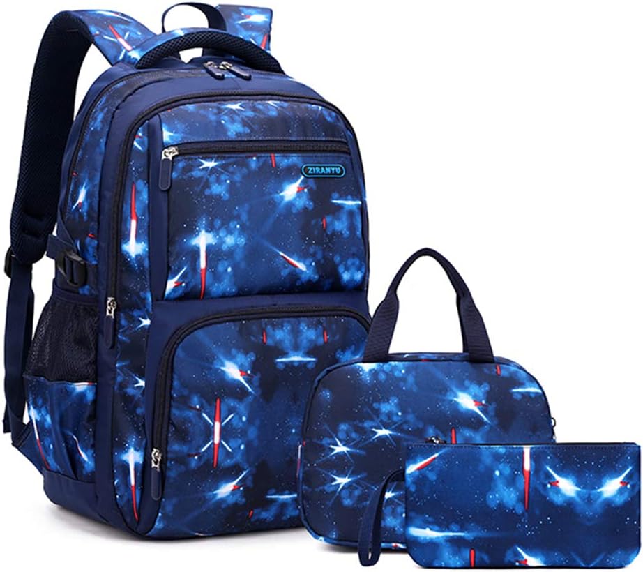 Space School-Bag Backpack with Lunch-Bag for Boys Middle School Elementary Bookbag, 3pcs-blue-outer Space, 3Pcs Backpack Set