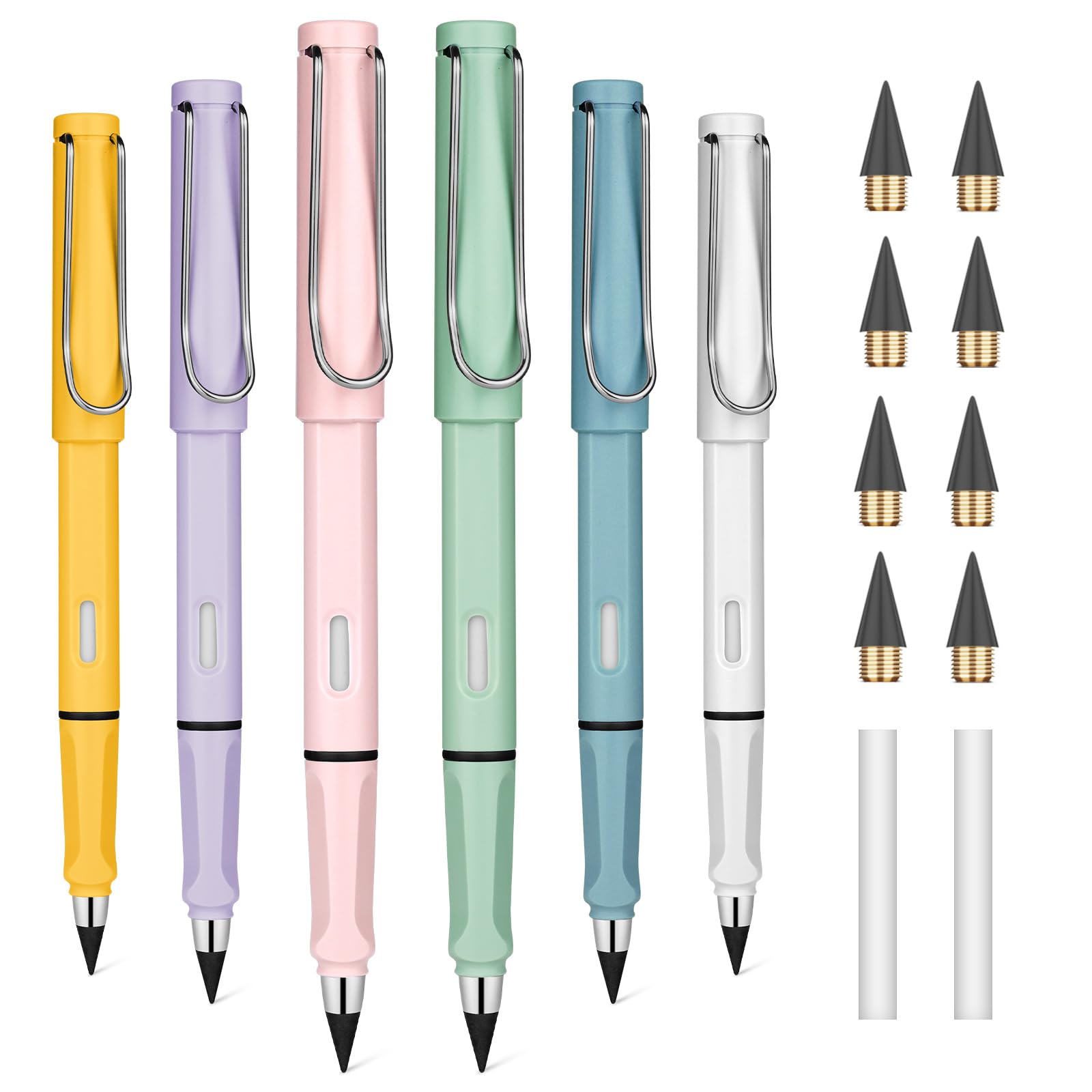 OFFCUP 6 PCS Inkless Pencil, Infinity Pencil with 6pcs Replacement Nibs and 2pcs Eraser, Reusable Everlasting Pencils, No Sharpen Pencils for Writing, Drawing, Drafting, Back to School Gift