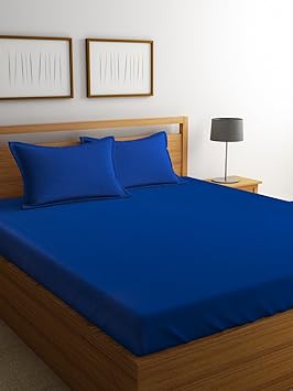 Portico New York Percale Cotton Elastic Fitted Bedsheet with Pillow Cover (182x198cm, King Size, Blue)