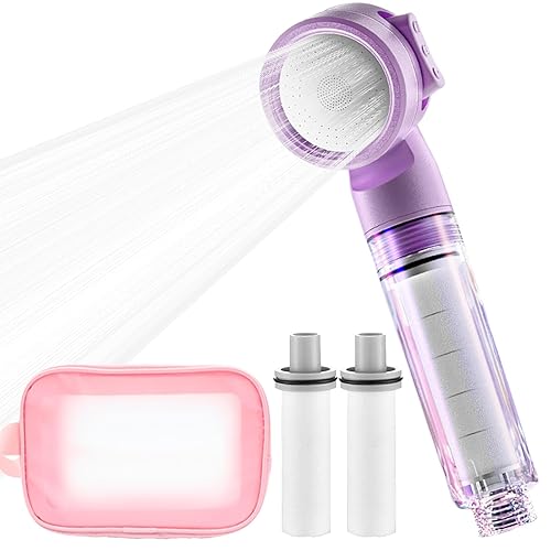 Filter Shower Head High Pressure Handheld Shower Heads 3-Spray Modes, Water Saving, with 2 Extra PP Cotton Filters, Washbag Mini Showers Head for Hard Water for Home Travel Hotels Business Children
