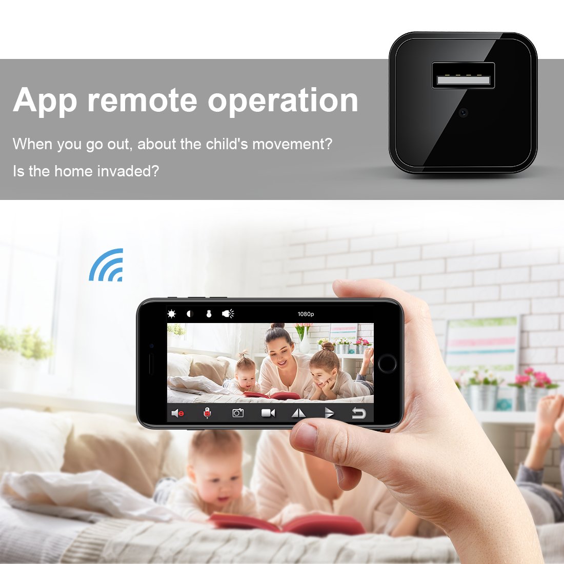 FREDI 1080P Mini Caméra Espion WiFi Caméscope Caché IP sans Fil Sécurité Caméra de Surveillance Chargeur USB Portable Détection de Mouvement (Jusqu\'à 128 Go)