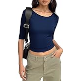 Imily Bela Womens Ribbed Knit Crewneck Crop Tops Basic Slim Fit T Shirts Half Sleeve 2025 Summer Trendy Y2k Tee