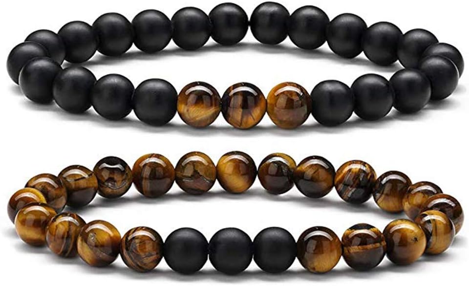 IEFSHINY Bead Bracelet for Men Women - 8mm Natural Tiger Eye Beads Bracelet Elastic Lava Rock Stone Healing Anxiety Essential Oil Diffuser Bracelets Jewelry Gifts
