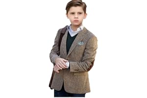 VENNYNG Boys Tweed Blazer Jacket with Elbow Patches Kids Short Trench Coat Vintage Coat