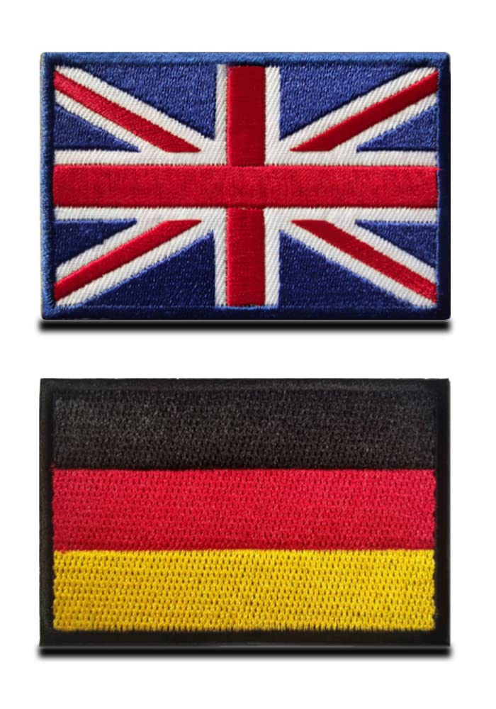 Zcketo 2 Packs Great British Union United Kingdom UK Patch and Germany German Flag Hook and Loop Embroidered National Emblem Patch for Clothes Backpack Caps Travel Tactical