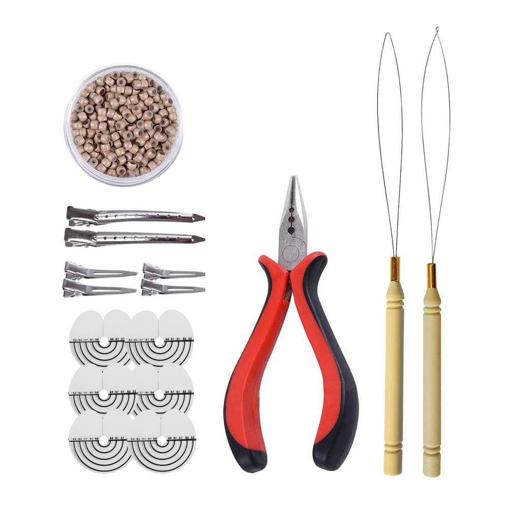 Hair Extensions Tools Kit: 3 holes Hair Pliers, Pulling Needle Loop Threader and 500 Pieces 3.0mm Silicone Lined Nano Beads Rings (Gray Blonde)