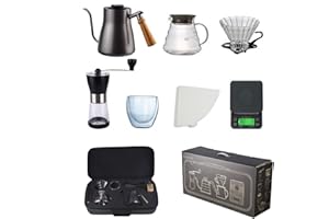Drip Coffee Maker Set V60 7-piece Tool with Portable Travel Bag Manual Grinder Scale Timer Gooseneck Kettle for Home Camping 