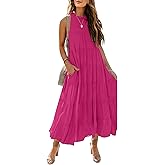 HAEOF Women's Summer Sleeveless Halter Midi Maxi Dress Casual Loose Fit Pleated Tiered Flowy Beach Vacation Long Sundress