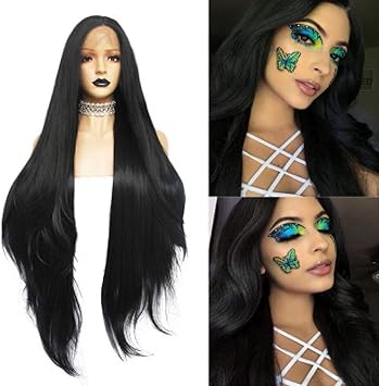 Amazon ウィッグ ロングストレートヘア合成レースフロントウィッグブラックミドルパーツコスプレウィッググルーレスフロントレースウィッグ スポーツ アウトドア