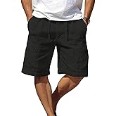 Mens Linen Cargo Shorts with Pocket Elastic Waist Drawstring Summer Casual Athletic Work Short Pants Trendy Beach Pant