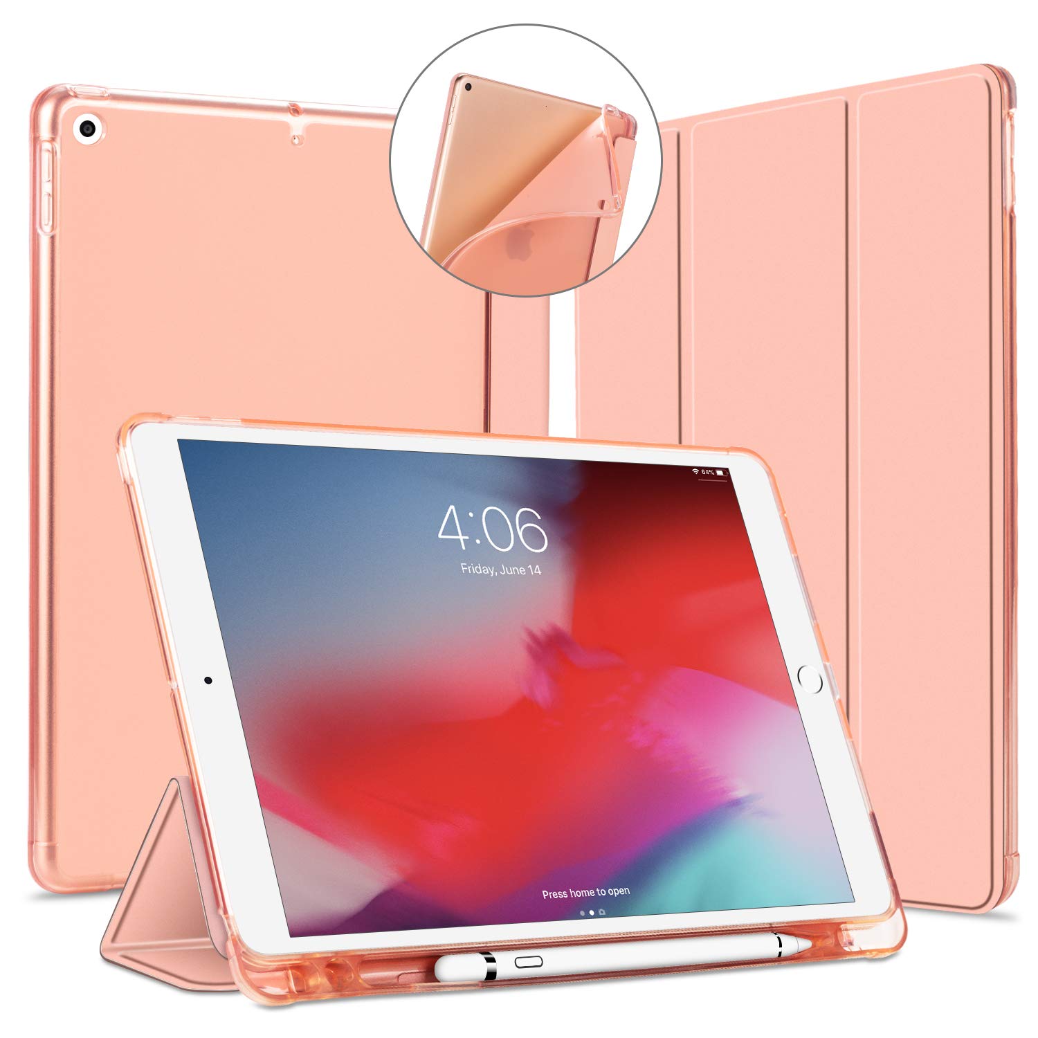 VAGHVEO Case for iPad 9th Generation 10.2 2021/ 8th Gen 2020/7th 10.2” 2019 with Pencil Holder, Flexible Slim Stand Smart Cases [Auto Wake/Sleep], Soft TPU Back Cover Shell for iPad 10.2 Inch, Pink — image 1