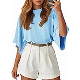 Tankaneo Womens Oversized Batwing Short Sleeve T Shirts Summer Casual Round Neck Tunic Tops Loose Fit Basic Tees