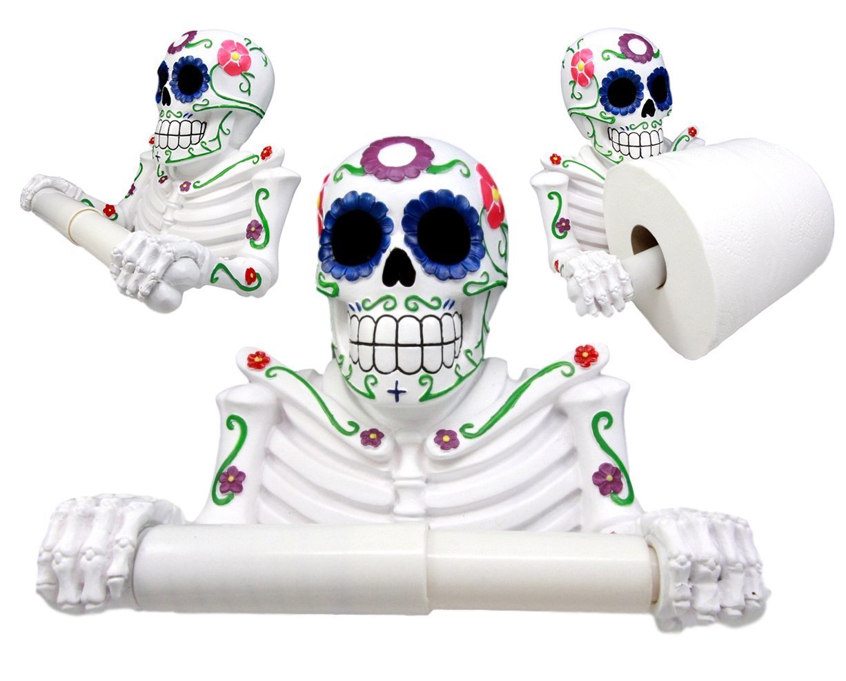Día de Los Muertos Vibrant Sugar Skull Skeleton Toilet Paper Holder - Whimsical Bathroom Tissue Dispenser and Novelty Home Decor Accessory - Easy Install