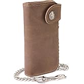 Milwaukee Leather MLW7829 Men's 7" Brown Leather Bi-Fold Biker Wallet w/Anti-Theft Stainless Steel Chain and Buffalo Nickel Snap - 7 Inch