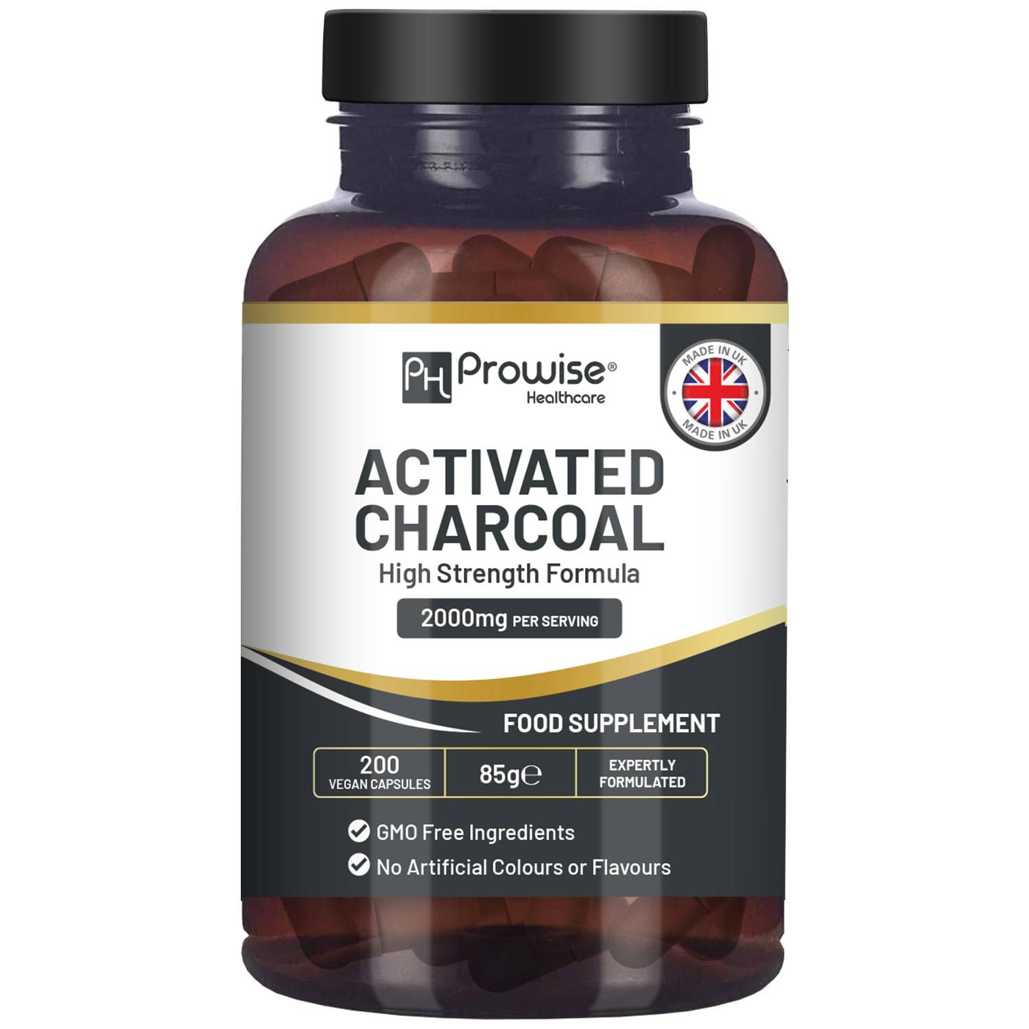 Activated Charcoal Capsules - 200 High Strength Vegan Capsules- 2000mg per Serving I Made in the UK by Prowise Healthcare