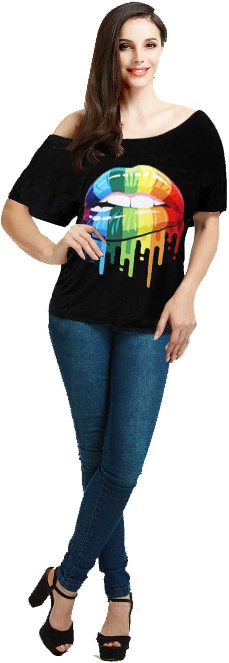 MAGICMKWomen Casual Plus Size Lips Print Off Shoulder T-Shirt Tops